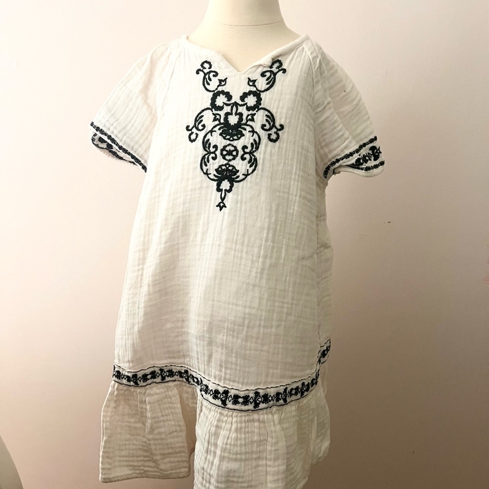 White Gauze peasant Dress with Black Embroidery